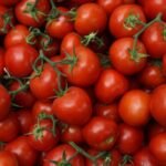 Cluster of ripe red cherry tomatoes on green vines in a market-style pile