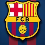 FC Barcelona crest on a blue-red striped background, featuring the cross, vertical stripes, a football, and 'FCB'.