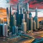 Futuristic city skyline at sunset with tall glass skyscrapers and elevated highways nearby.