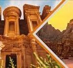 Collage split diagonally: ancient stone ruins with tall columns on the left and a sunlit red rock canyon on the right.