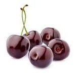 Cluster of four glossy dark red cherries with green stems on a white background.