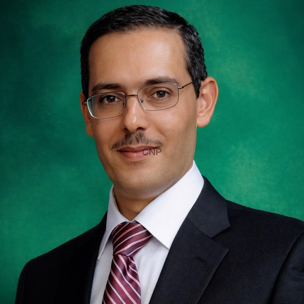 moaed - Center News Network Professional head-and-shoulders portrait of a man in a dark suit, white shirt, and striped red tie, against a green background.