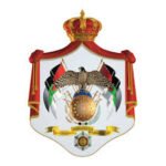 National coat of arms: crown atop a shield with banners, central emblem, and a decorative ribbon below.