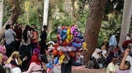 Balloon artist wearing a colorful flower headdress performing in a crowded park.