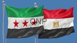 Two national flags waving against a blue sky: Egypt on the right and a green‑white‑black flag with three red stars on the left, both on flagpoles.