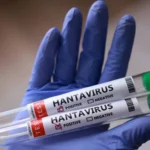 Gloved hand holding two hantavirus test tubes, both labeled POSITIVE, with green caps on the right.