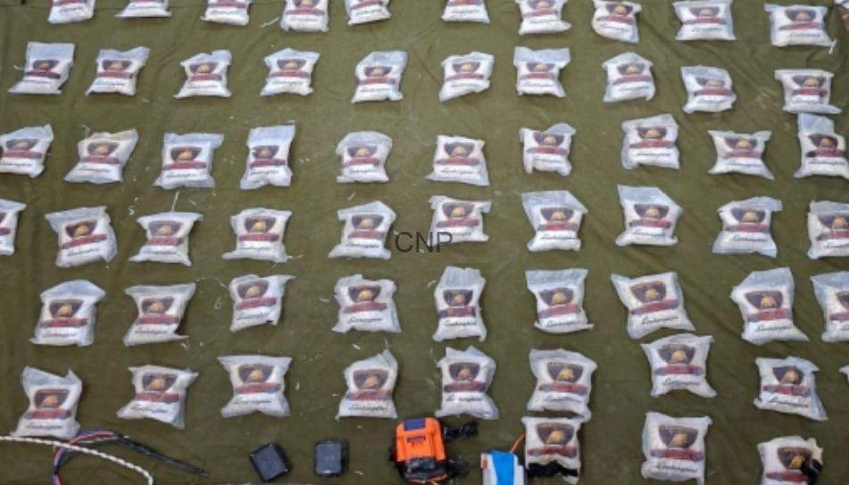 1778749848562 - Center News Network Rows of white sacks with a red-and-yellow emblem arranged in neat rows on a green ground, with some equipment (orange device, blue items) near the foreground.
