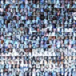 Mosaic collage of blurred portrait thumbnails showing a diverse group of people in a grid.