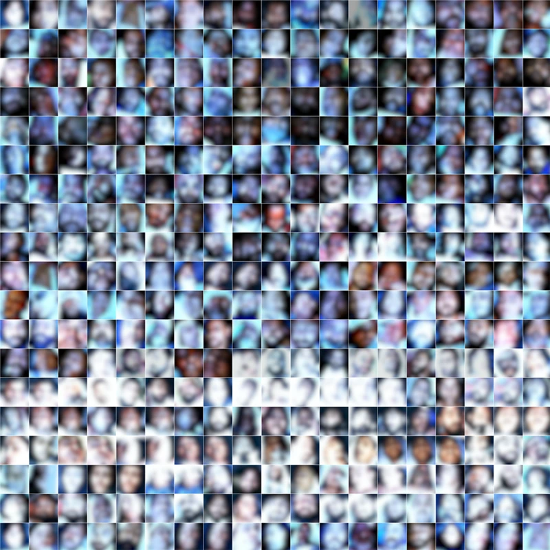 Mosaic collage of blurred portrait thumbnails showing a diverse group of people in a grid.