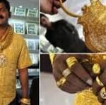 collage of a man in a yellow shirt wearing heavy gold jewelry, with close-ups of gold chains and bracelets in the right panel