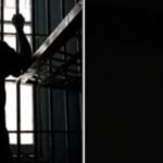 Split image: left panel shows a dark silhouette of a person behind bars with arms raised; right panel shows a rope noose hanging in darkness.