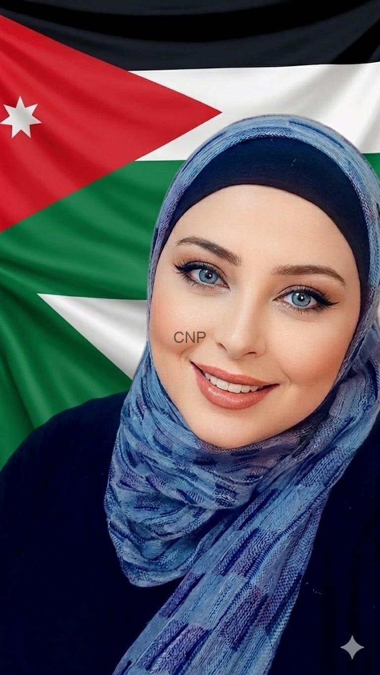 Portrait of a smiling woman wearing a blue hijab, with the Jordanian flag in the background.