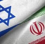Close-up of two overlapping flags: Israel's blue Star of David on the left and Iran's flag with a red emblem on the right, symbolizing two nations.