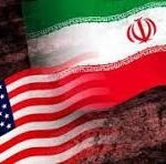 Overlapping flags of the United States and Iran, symbolizing diplomatic relations or international symbolism.