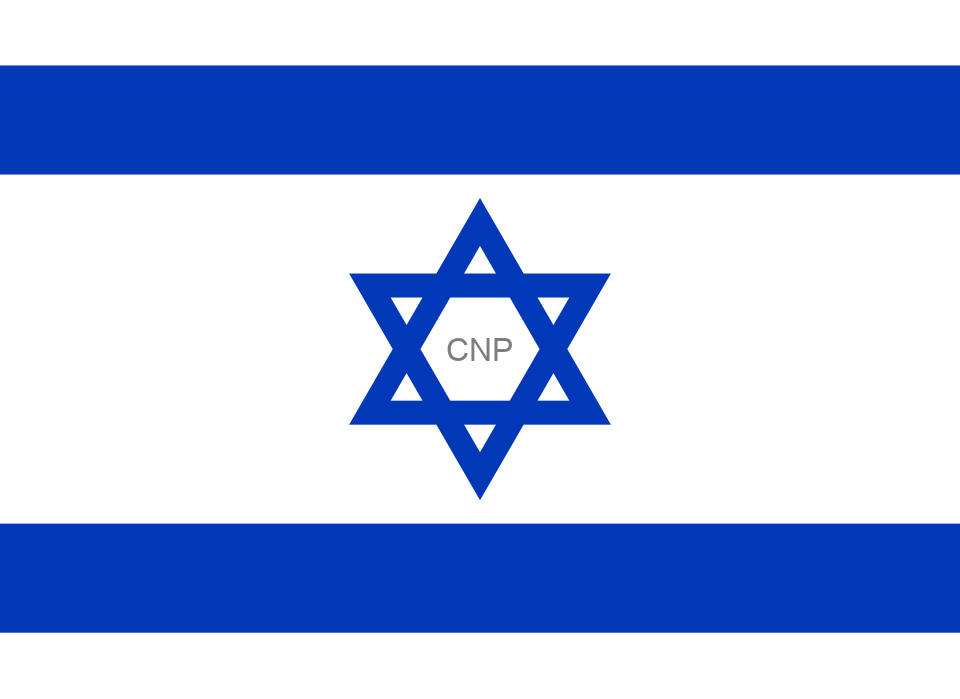 Flag of Israel: white field with two blue horizontal stripes at the top and bottom and a blue Star of David centered.