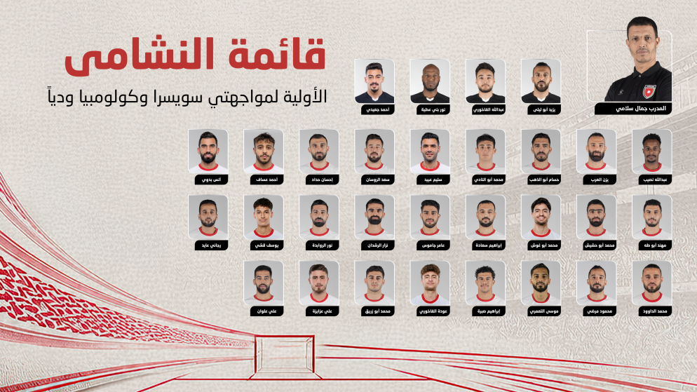 nash - Center News Network Roster poster of a soccer team with a grid of player headshots labeled in Arabic and a coach portrait on the right.