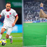 Split-screen image of two football players in white kits: left player (#23) dribbles a ball, right player (#11) stands and applauds on the field