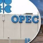 OPEC sign on a beige building wall with a blue logo against a blue sky.