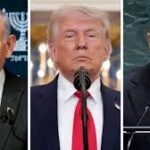 Collage of three male world leaders delivering speeches at podiums.