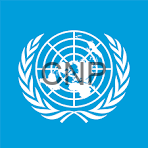 United Nations emblem centered on bright blue background, showing a world map enclosed by olive branches.