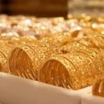 Row of gold bullion coins arranged in a tray, with a CNP watermark visible on some coins.