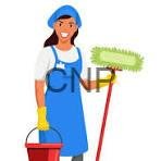 AMEL - Center News Network Smiling woman in blue overalls and yellow gloves holds a red bucket and mop, ready to clean.