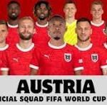 Austria national football team squad photo in red jerseys, posing in two rows for FIFA World Cup 2026.