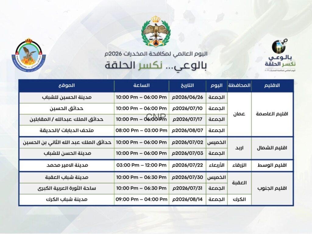 جدول يظهر مواعيد فعاليات مكافحة المخدرات في المحافظات المختارة لعام 2026 في صورة خلفية زرقاء.