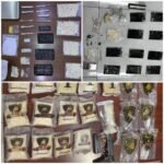 Display of illicit drugs and packaging laid out on tables, including small white pills, wrapped bundles, and labeled bags for evidence or seizure purposes.