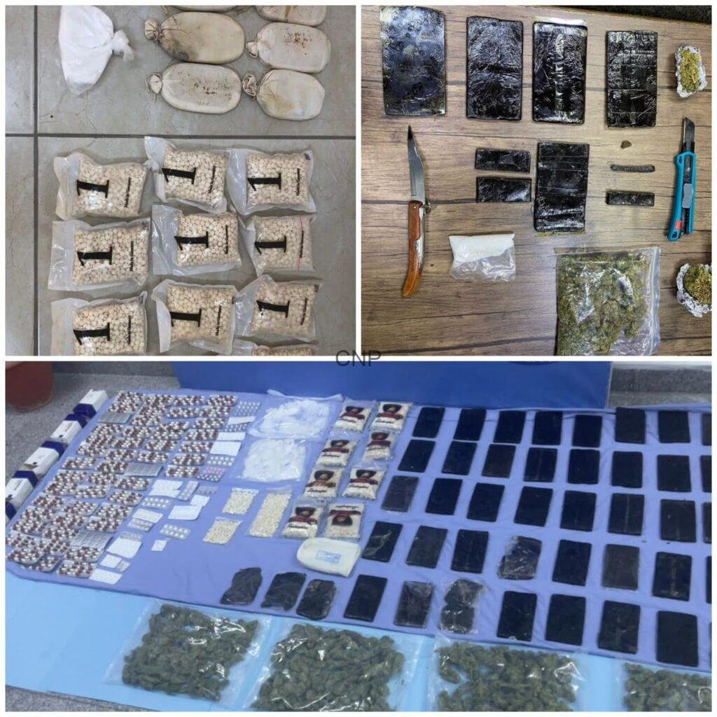 collage of seized drugs and drug paraphernalia: top left shows bags of white pills; top right displays rectangular bricks of wrapped substance, a knife, a utility blade, small bags with green plant material, and a scale; bottom shows numerous mobile phones and packaged items laid out for trafficking; overall an evidentiary presentation of drug trafficking materials.