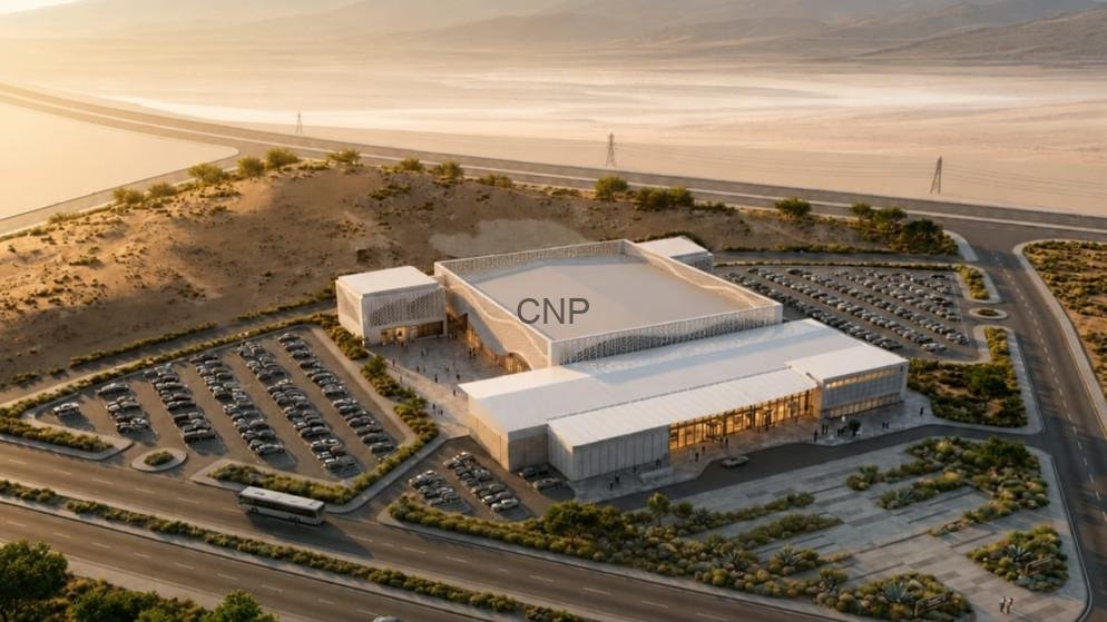 Aerial view of a white modern building labeled 'CNP' with extensive surrounding parking in a desert landscape.
