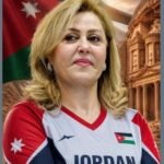 Jordanian woman in a white-red athletic jersey with 'JORDAN' on the front, flag patch on chest, posed in front of a Jordanian flag and stone architecture background, CNP text on neck area