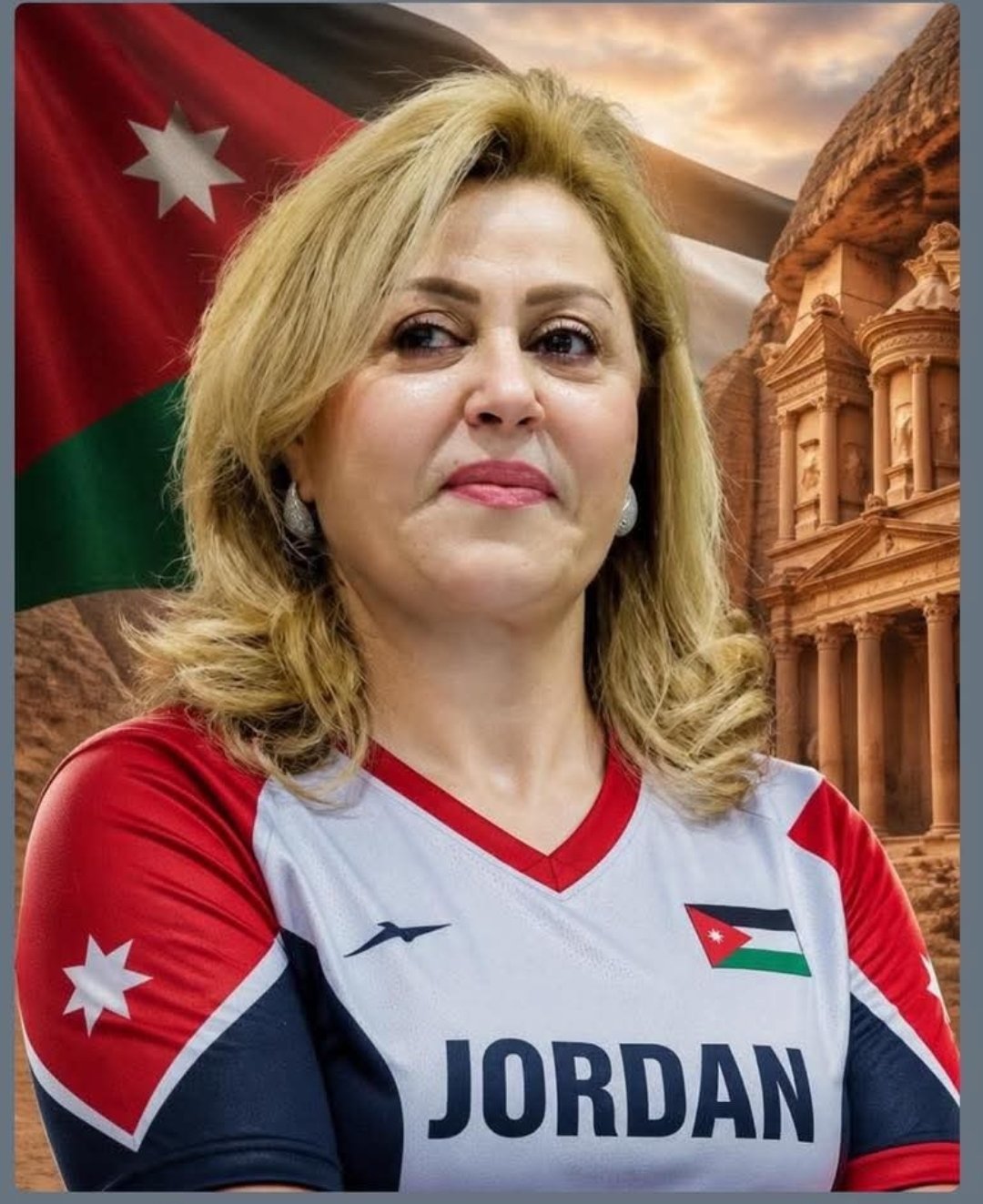 Jordanian woman in a white-red athletic jersey with 'JORDAN' on the front, flag patch on chest, posed in front of a Jordanian flag and stone architecture background, CNP text on neck area