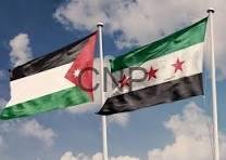 josy - Center News Network Two national flags waving in the wind: Jordan on the left and Syria on the right, against a blue sky with scattered clouds.