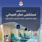 Banner announcing the reopening of Amman Hospital, with a ward row of beds and medical equipment visible in the background (Arabic text overlay).