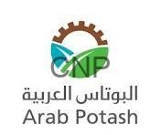 Arab Potash logo featuring a brown gear, blue water wave and green leaf with the name 'Arab Potash' in English and Arabic