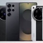 Row of six smartphones shown from the back in different colors, with prominent multi‑lens camera modules.
