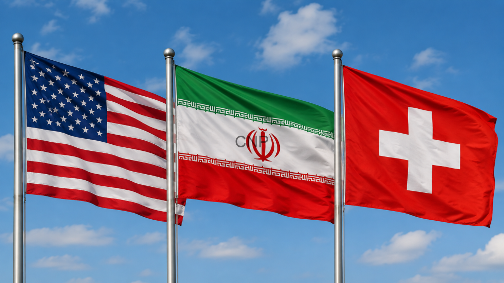 Three national flags—United States, Iran, and Switzerland—flying on flagpoles against a blue sky with scattered clouds go by in the wind?
