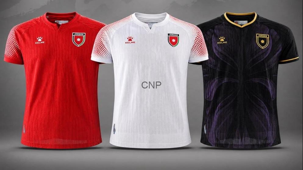 tshirt - Center News Network Three soccer jerseys in red, white, and black lined up side by side, each with a crest on the chest and brand logos.