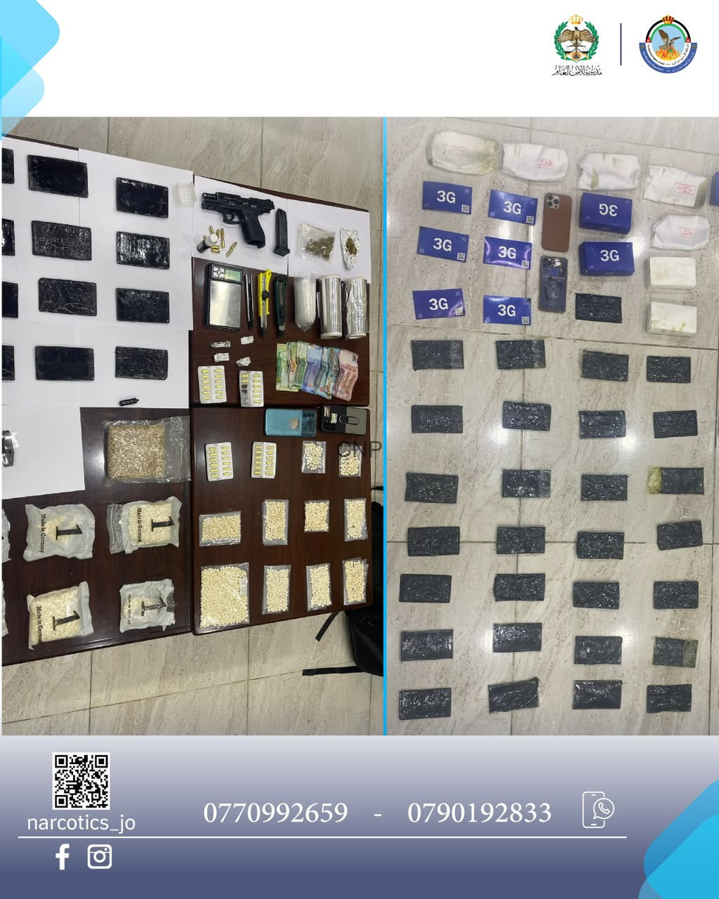 image - Center News Network Police seizure display: firearms, bags of pills, powders, cash, and packaging laid out on tables for evidence.