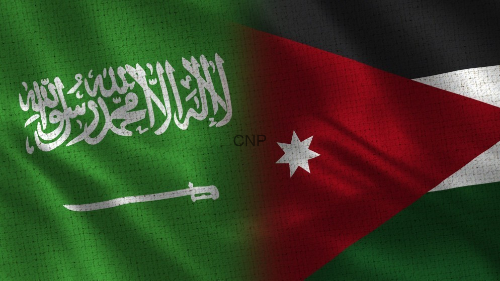 image - Center News Network Composite flag image blending Saudi Arabia's green flag with the Jordanian flag (red triangle and white star) in a seamless merge.