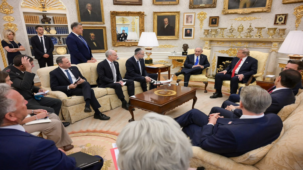 image - Center News Network Group of world leaders seated in a gilded, portrait-filled parlor, discussing around a central coffee table.