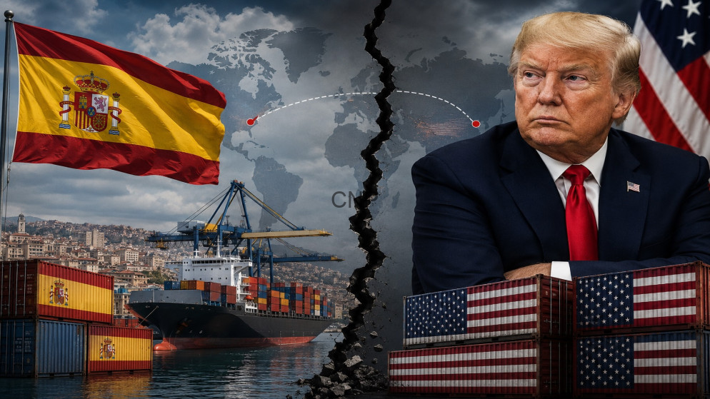 image - Rakeen News Split image depicting US-Spain tensions: Spanish port, ship, and flag on the left, President Trump with American cargo crates on the right, divided by a jagged crack.