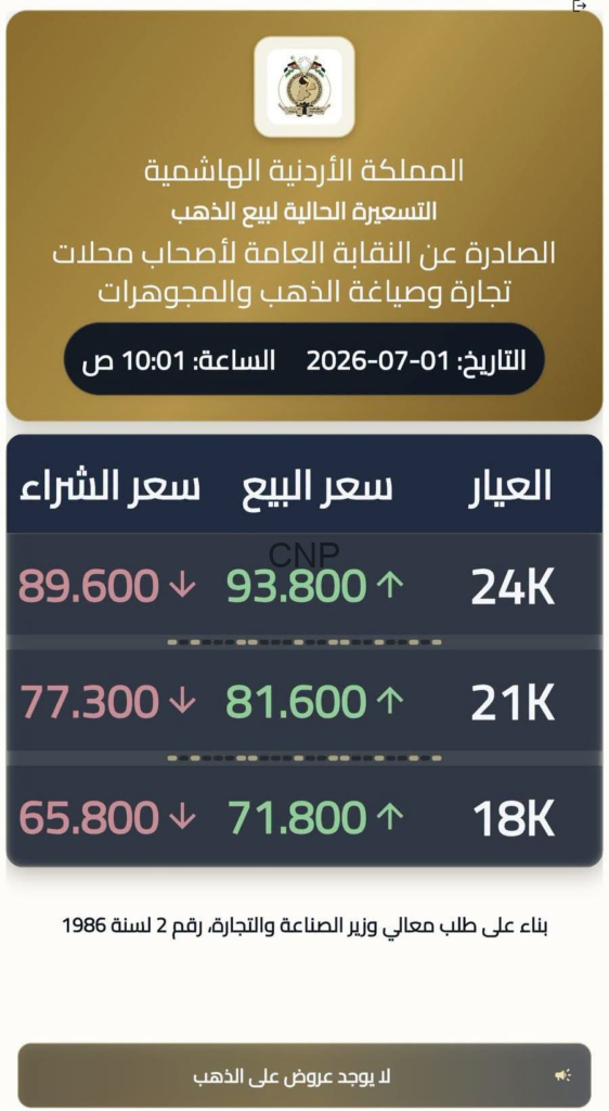 image - Center News Network شعار حكومي أعلى شاشة ثم لوحة أسعار ذهب بالعربية: أعمدة العيار وسعر البيع والشراء مع تاريخ 2026-07-01 وقيم 24K و21K و18K