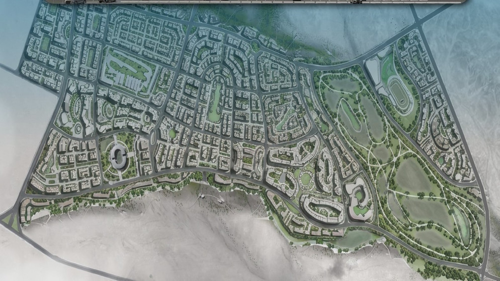Bird’s-eye view of a coastal city with dense streets, highways, and a large golf course on the right side near green hills.