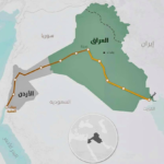 Map showing an orange transit route across the Middle East from Kuwait through Iraq toward Jordan, with several stop points along the way.