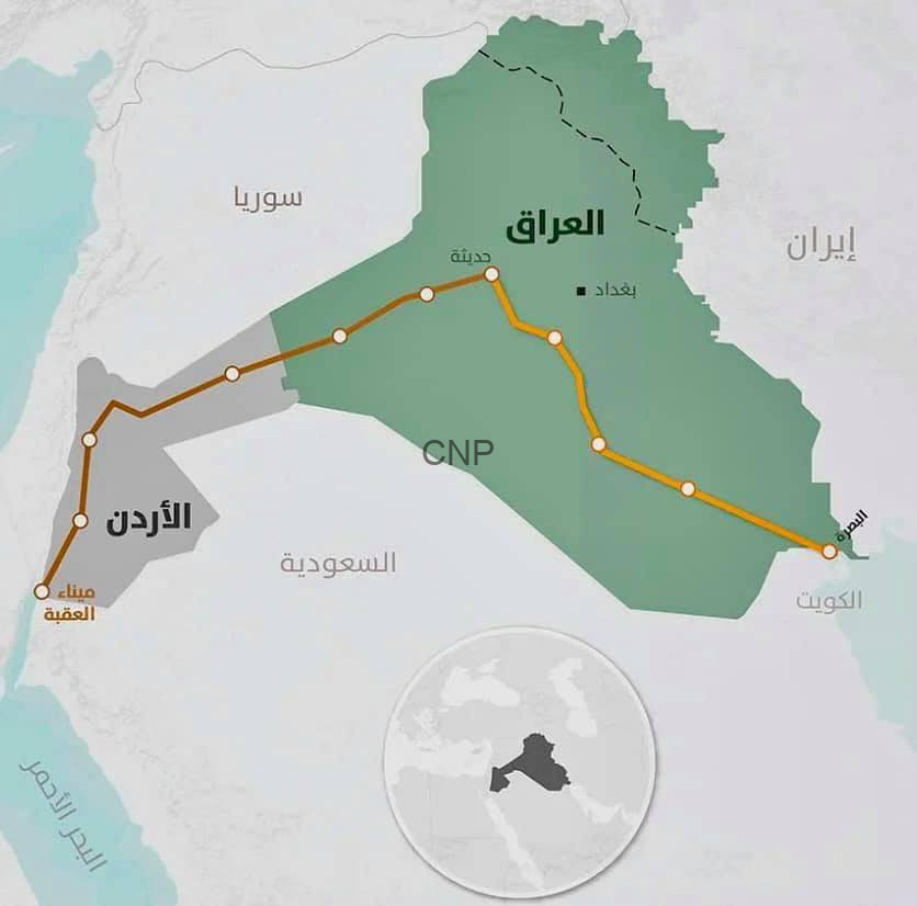 Map showing an orange transit route across the Middle East from Kuwait through Iraq toward Jordan, with several stop points along the way.