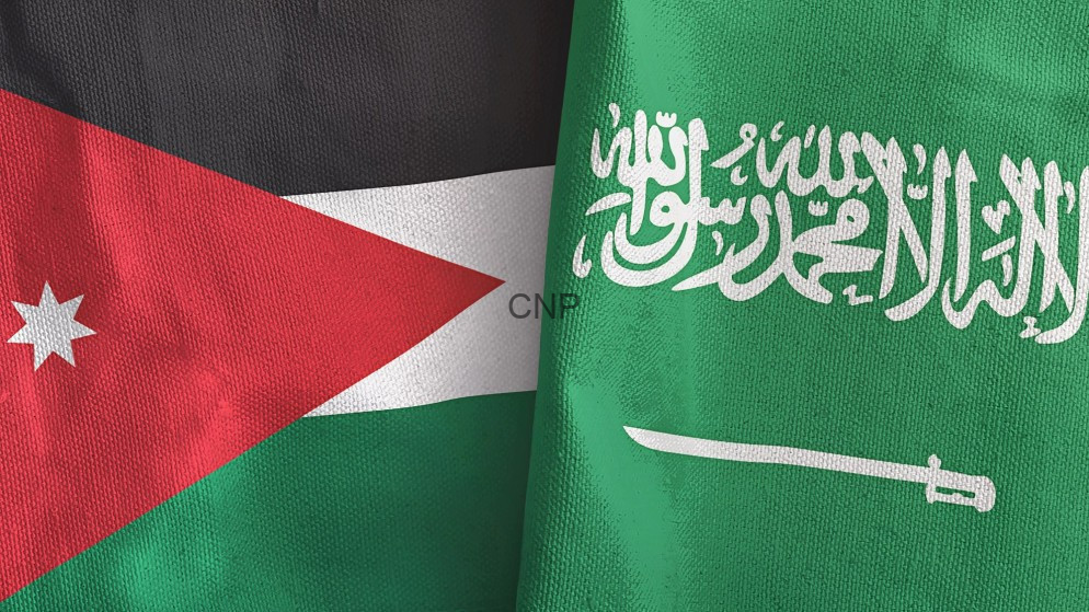 image - Center News Network Two national flags: Jordan (red triangle with white star) and Saudi Arabia (green with Arabic inscription and sword) overlapping side by side