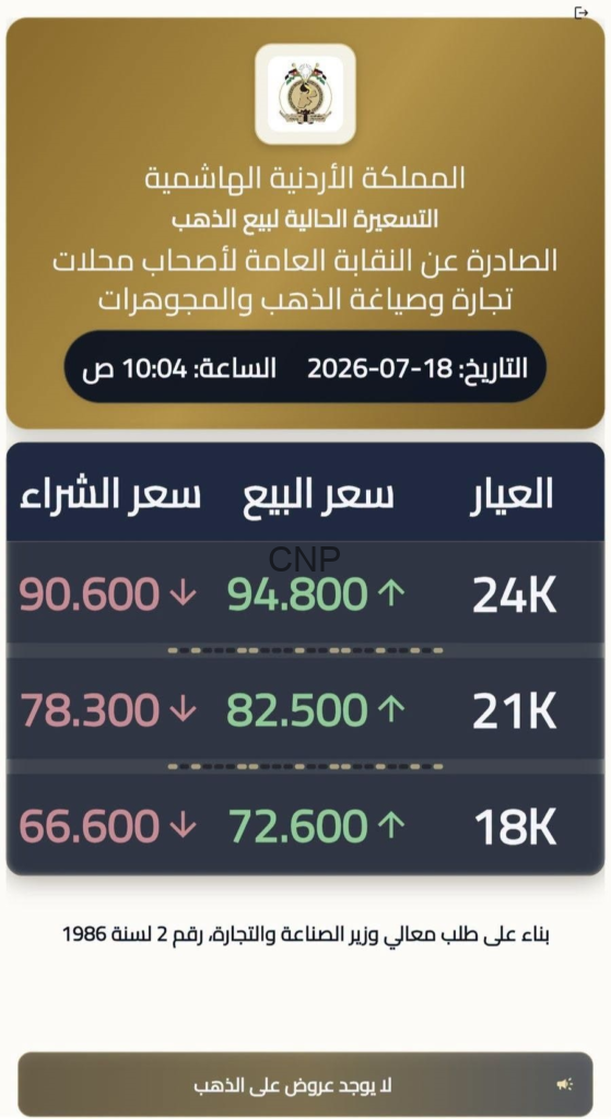 Arabic infographic showing a gold-themed header with a small emblem, followed by a date (2026-07-18) and time (10:04 ص) and a dark price table listing gold karats (24K, 21K, 18K) with red downward and green upward arrows for prices, and a note about gold-related information at the bottom.