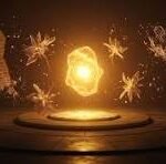 CNP logo glowing on a pedestal with sparkling particle effects and warm light